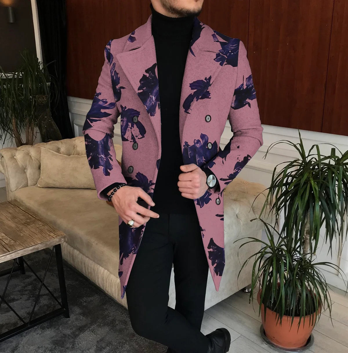 Fashion Men's Personalized Autumn Long Coat Printed Button Lapel Business Winter Jacket Casual Nylon Coat Oversized New Top